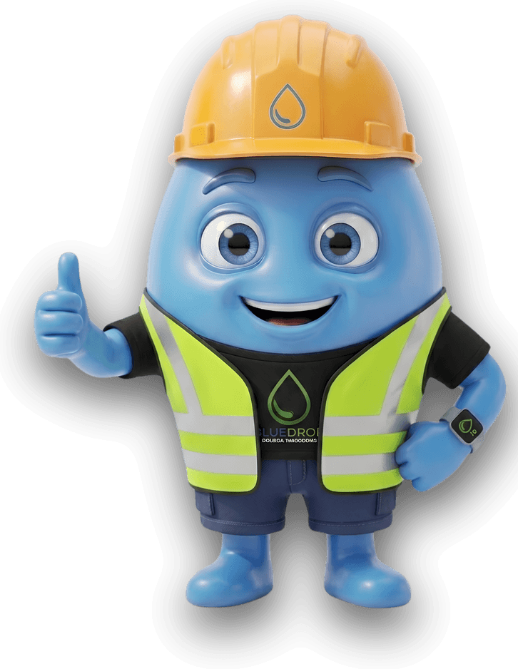 Bluppy — the friendly Bluedrop mascot, wearing a hard hat and high-visibility vest